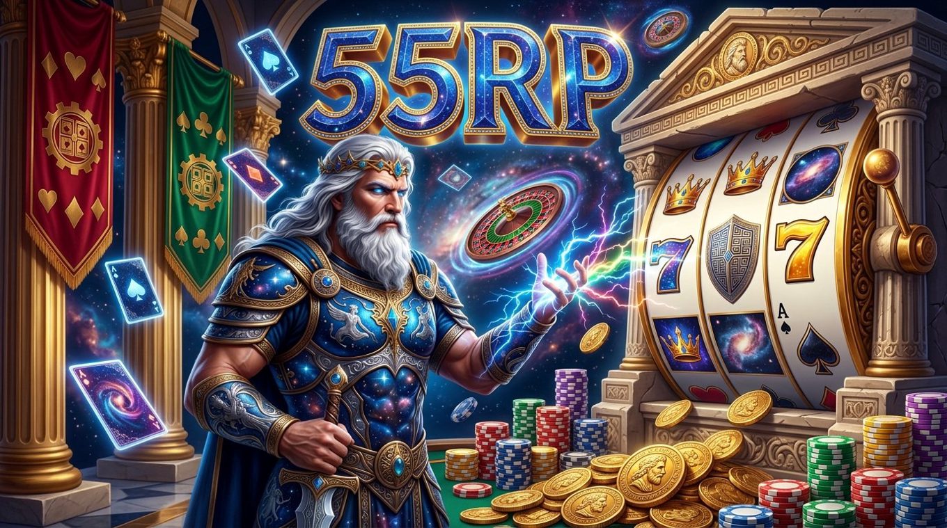 Ilustrasi sambutan pemain baru 55RP dengan koin dan hadiah pendaftaran